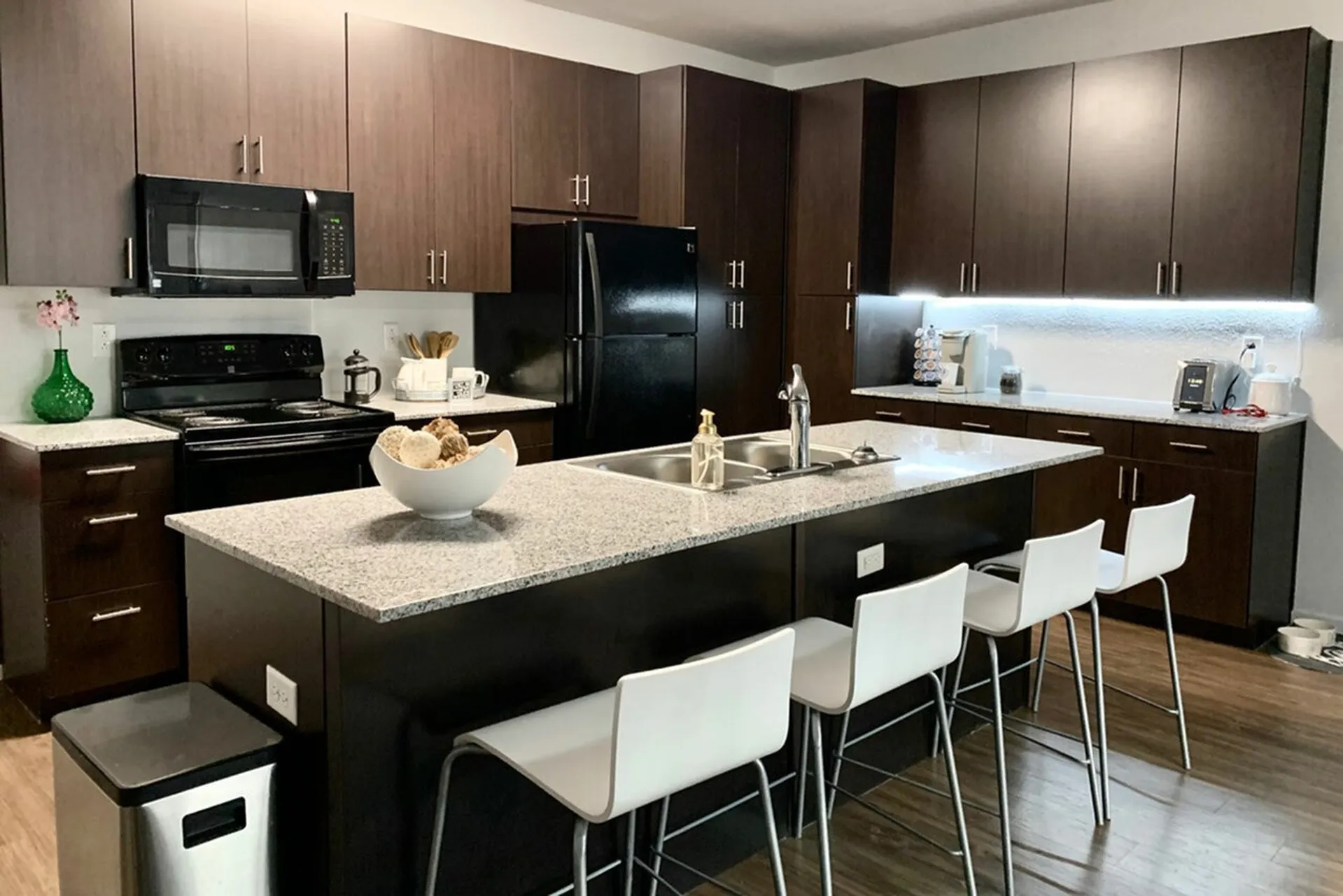 Modern kitchen with dark wood cabinets