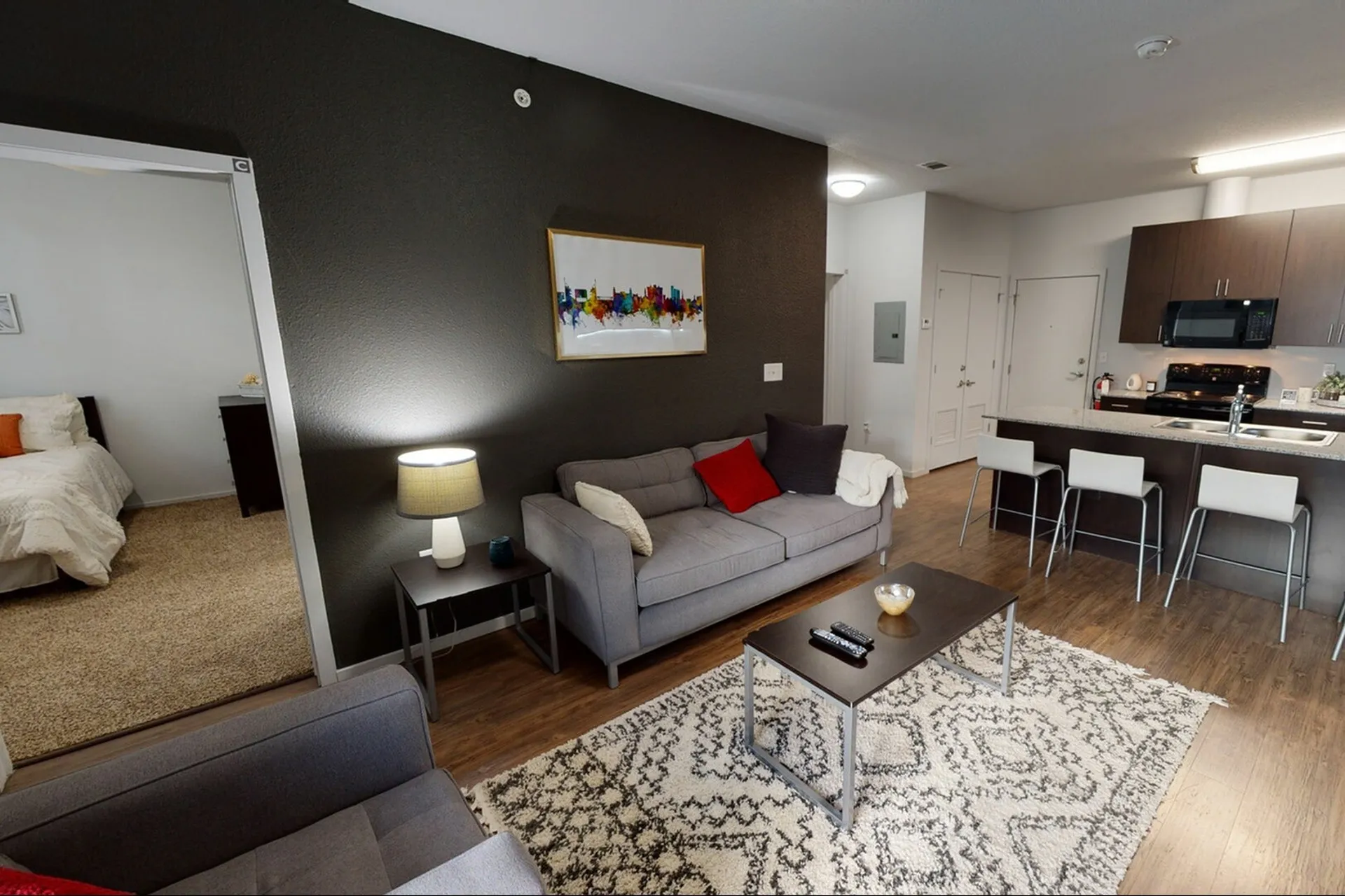 Modern living room with kitchen view