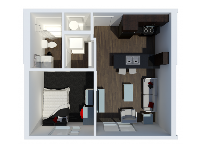 A 3D image of the 1BR/1BA – A1 Balcony floorplan, a 477 squarefoot, 1 bed / 1 bath unit